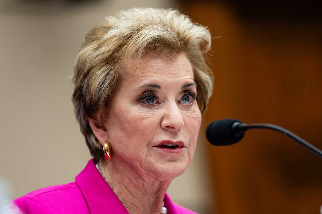 U.S. Education Secretary Linda McMahon speaking at a lectern during a public appearance