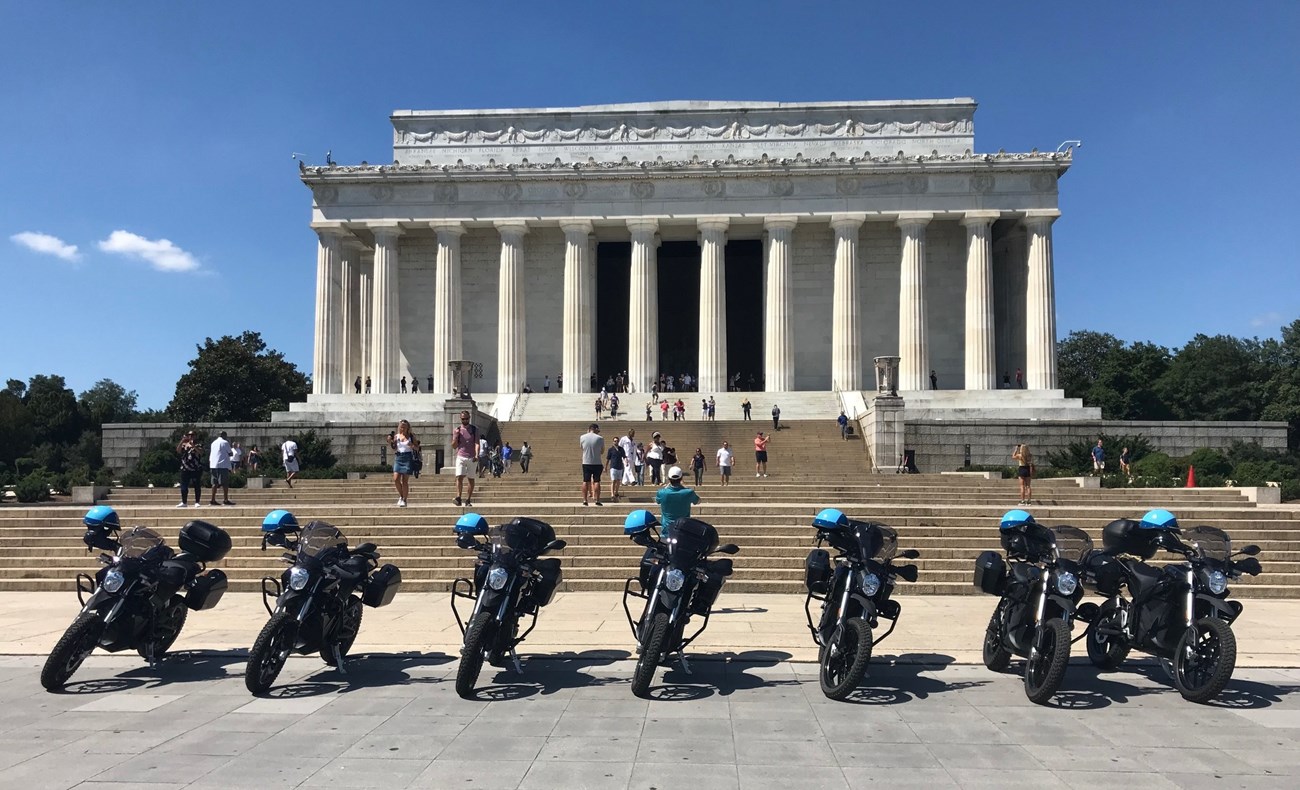 U.S. Park Police officers on patrol near the Lincoln Memorial grounds on the National Mall in Washington, DC