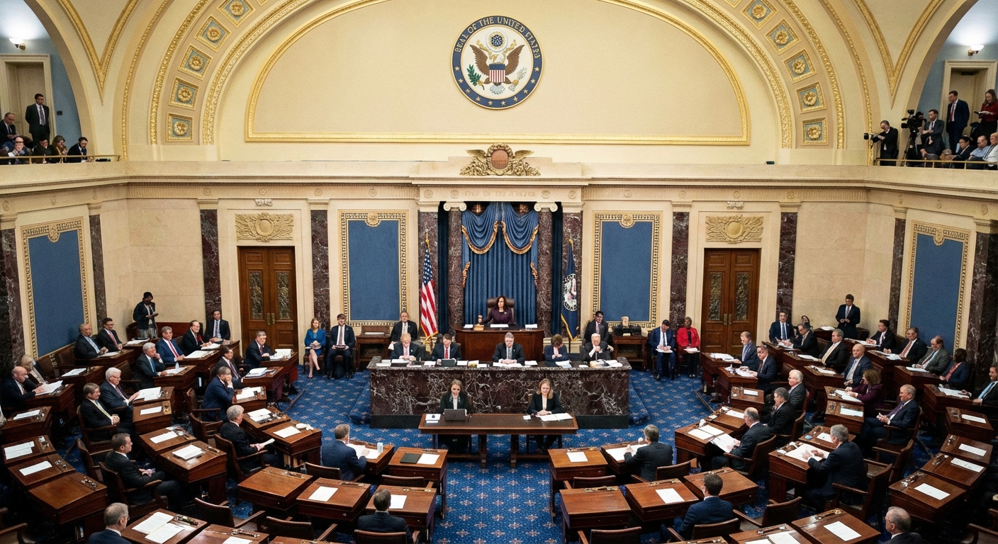 U.S. Senate chamber during a legislative session, with senators at their desks and the presiding officer at the dais