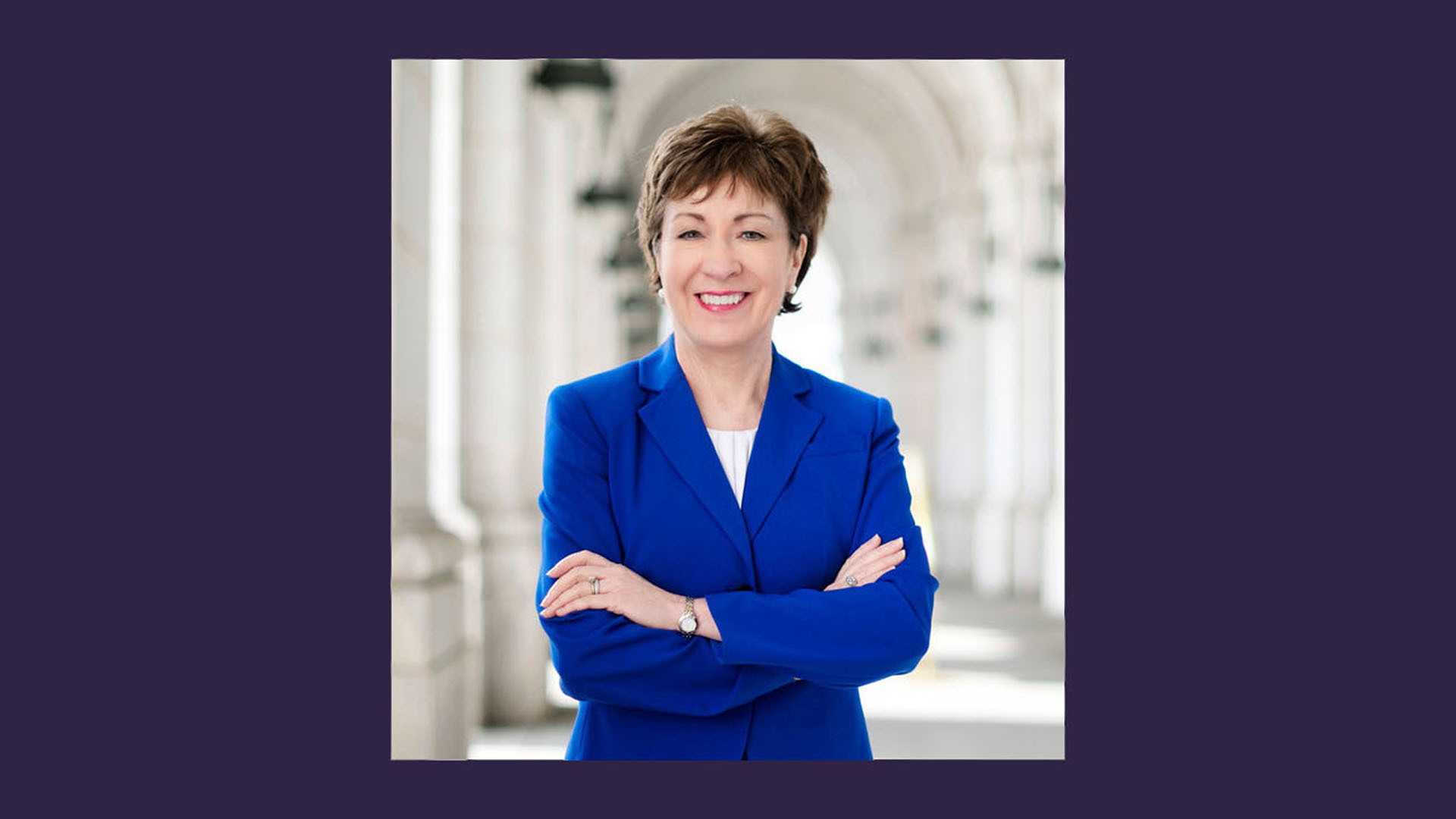 U.S. Senator Susan Collins speaking at a lectern during a public event