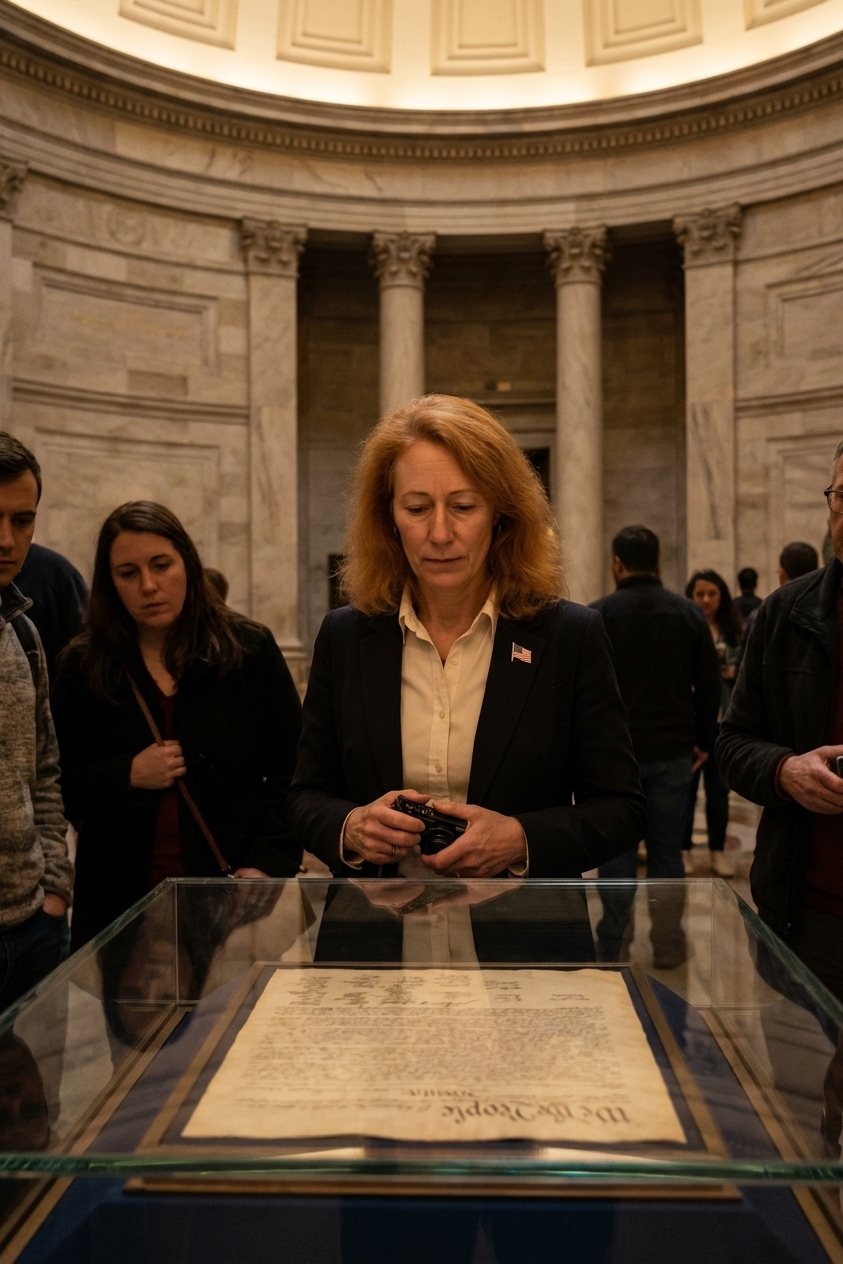Visitors standing quietly in the National Archives Rotunda in Washington, DC, looking at the U.S. Constitution displayed under soft museum lighting, documentary photography style