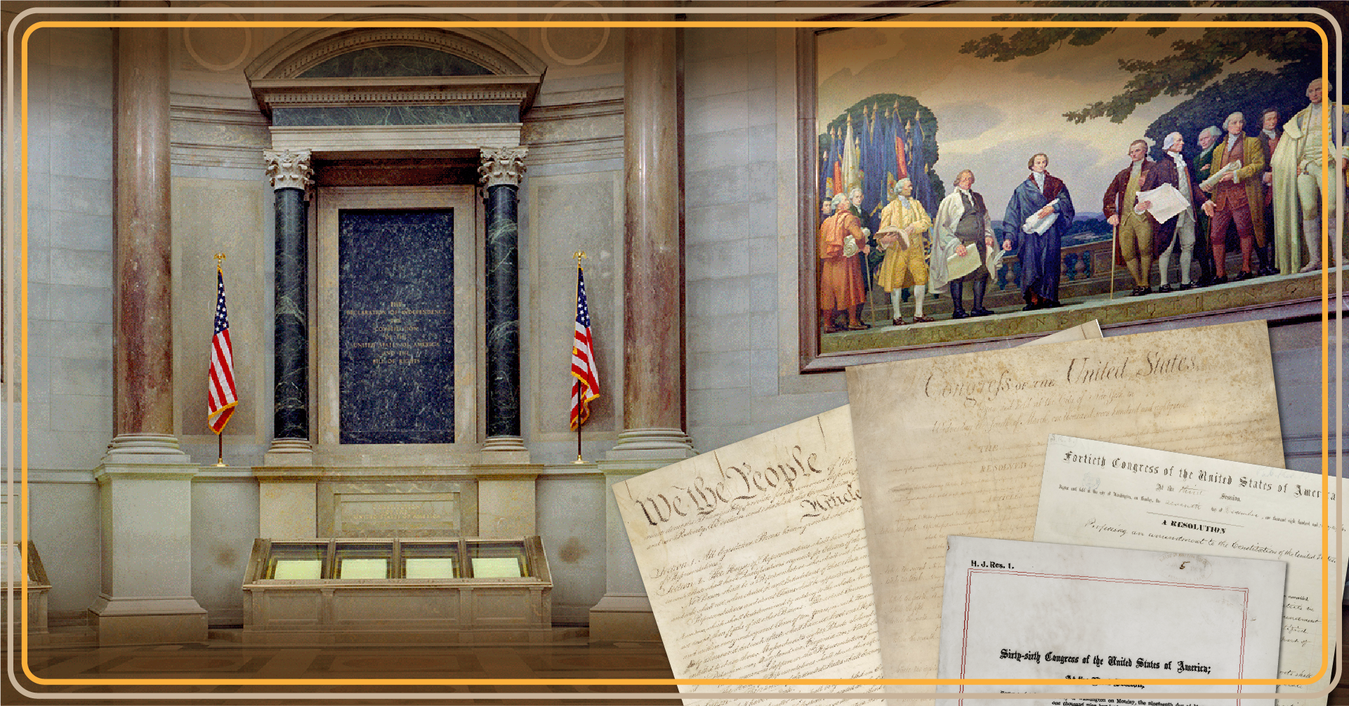Visitors viewing the original U.S. Constitution behind protective glass in the National Archives Rotunda in Washington, DC, museum photography style