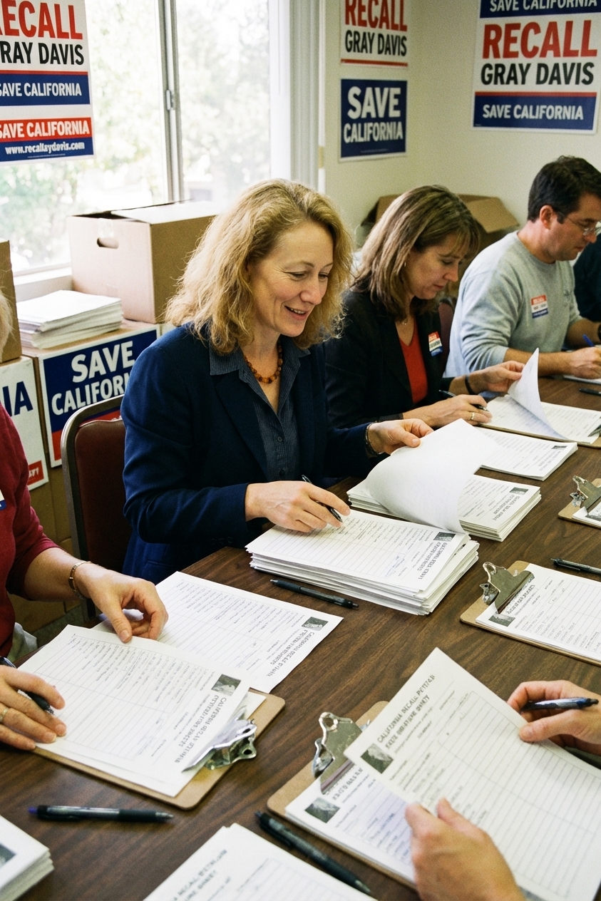 Volunteers at a table in Sacramento reviewing recall petition pages and signature sheets during the October 2003 California recall election period, documentary news photograph style