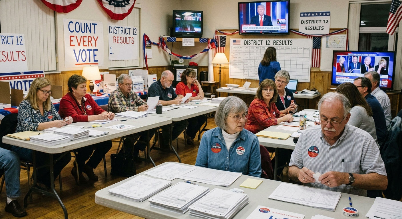 Volunteers at an election headquarters in the United States on election night, seated at tables reviewing paperwork and results materials, real documentary photography style