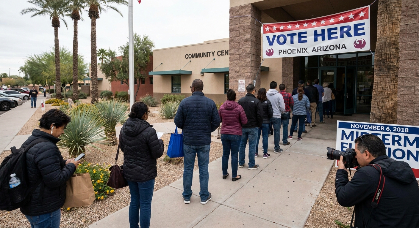 Voters entering a neighborhood polling place in Phoenix during the November 2018 midterm elections, news photography style