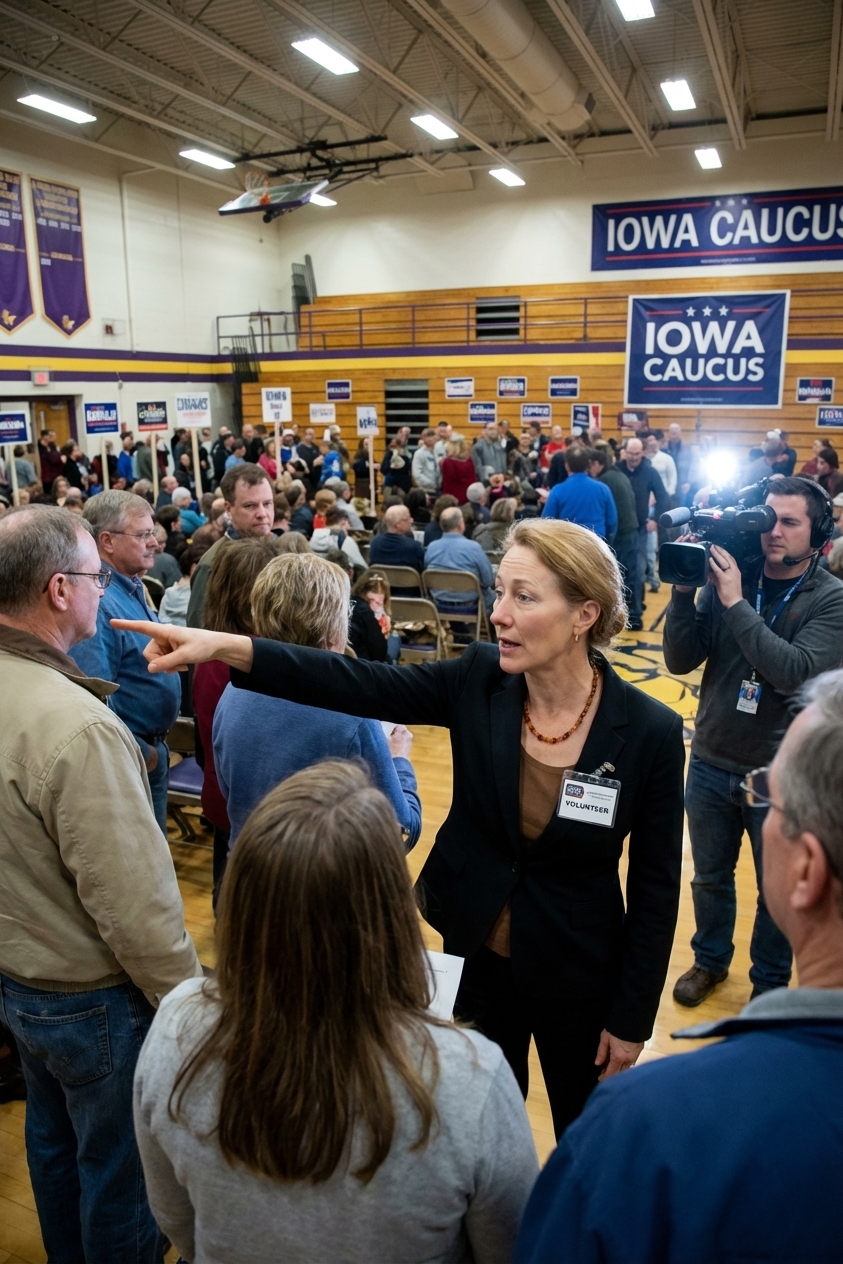 Voters gathered in a school gymnasium in Iowa during a precinct caucus, with volunteers directing people to seating areas, news photography style