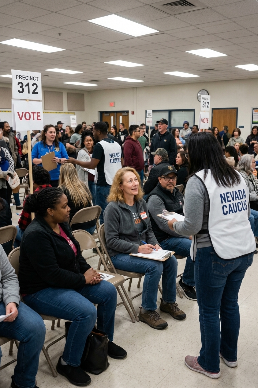Voters seated in a crowded school cafeteria during a Nevada precinct caucus meeting, with volunteers organizing groups, news photography style