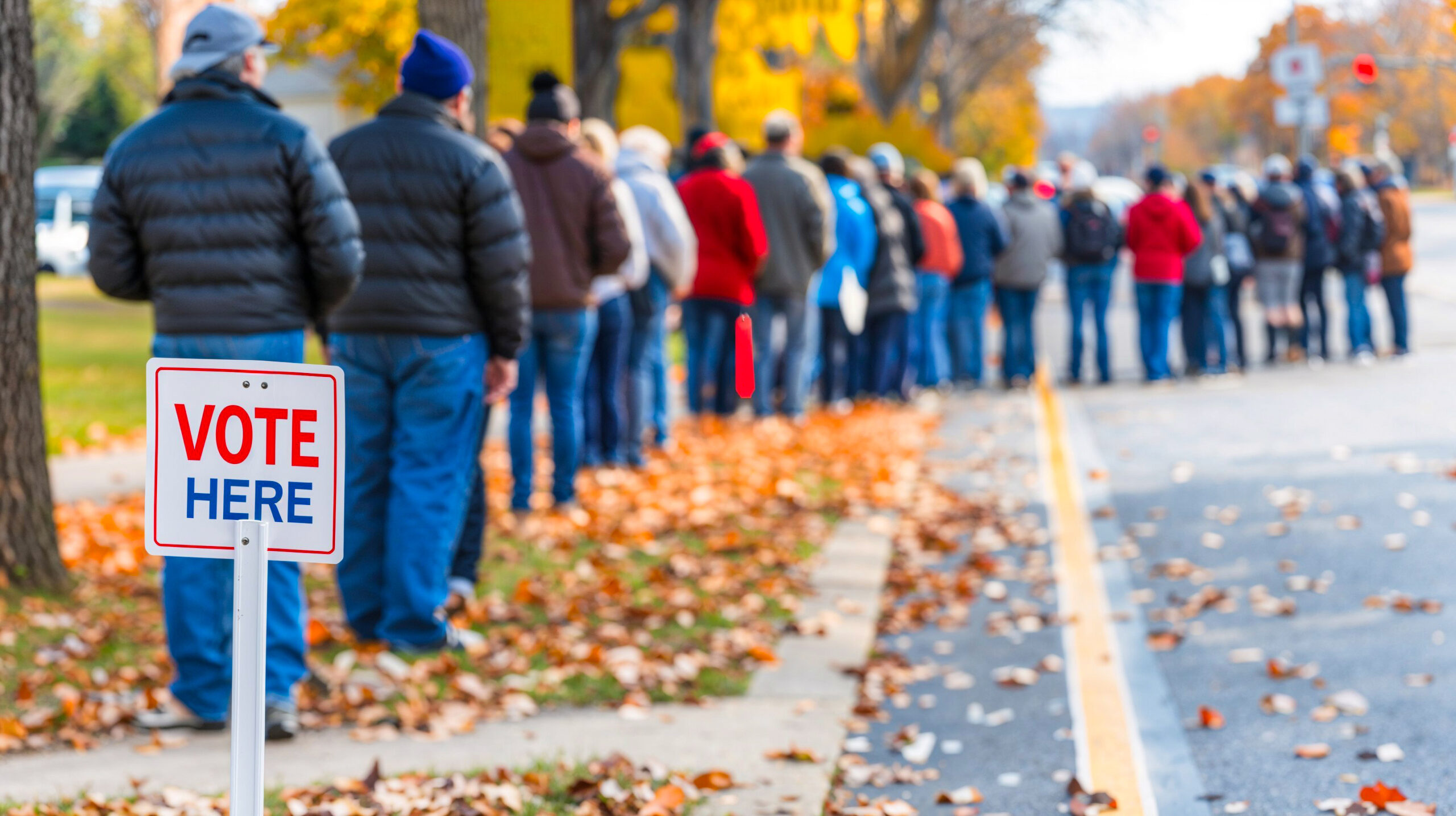 Voters standing in a long line outside a county polling place on election day, autumn light, news photography style