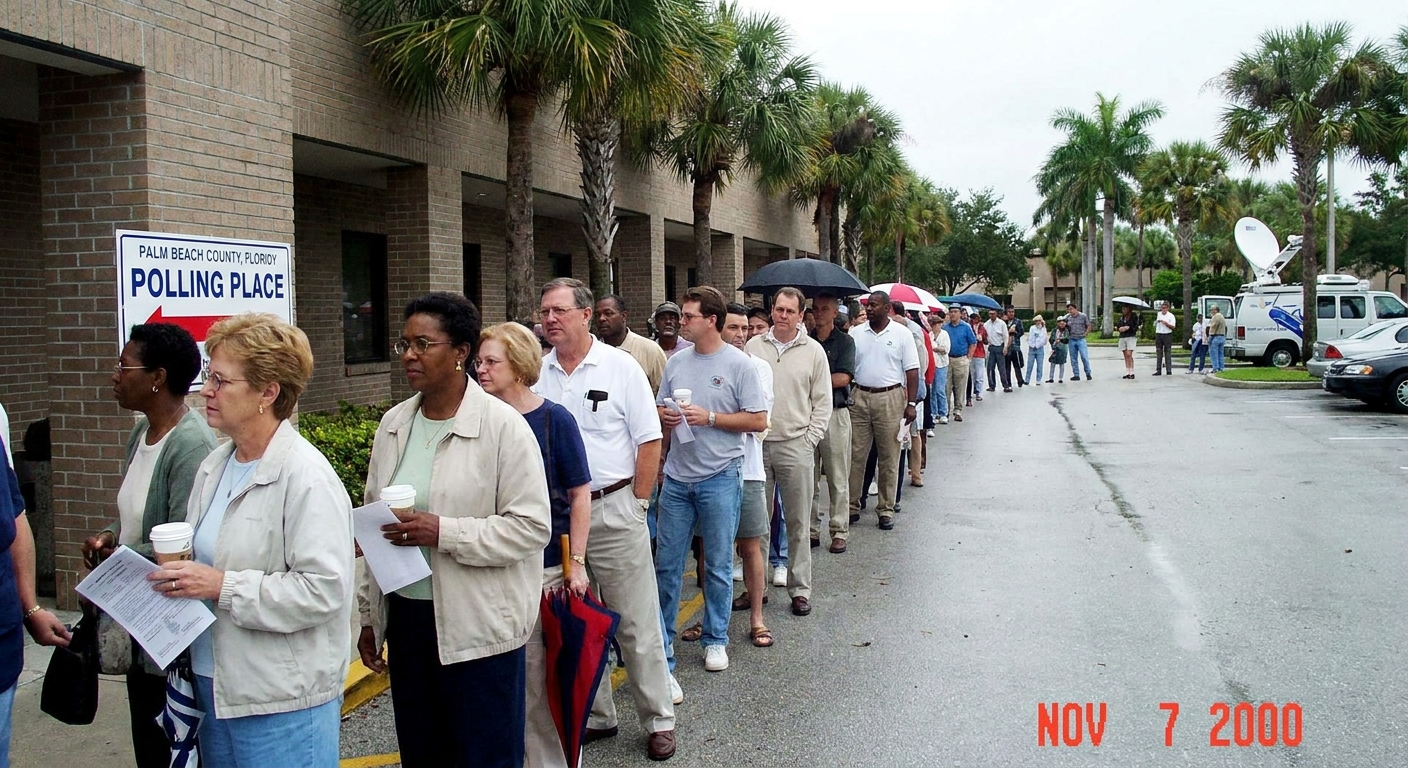Voters standing in a long line outside a polling place in Palm Beach County, Florida in November 2000, news photography style