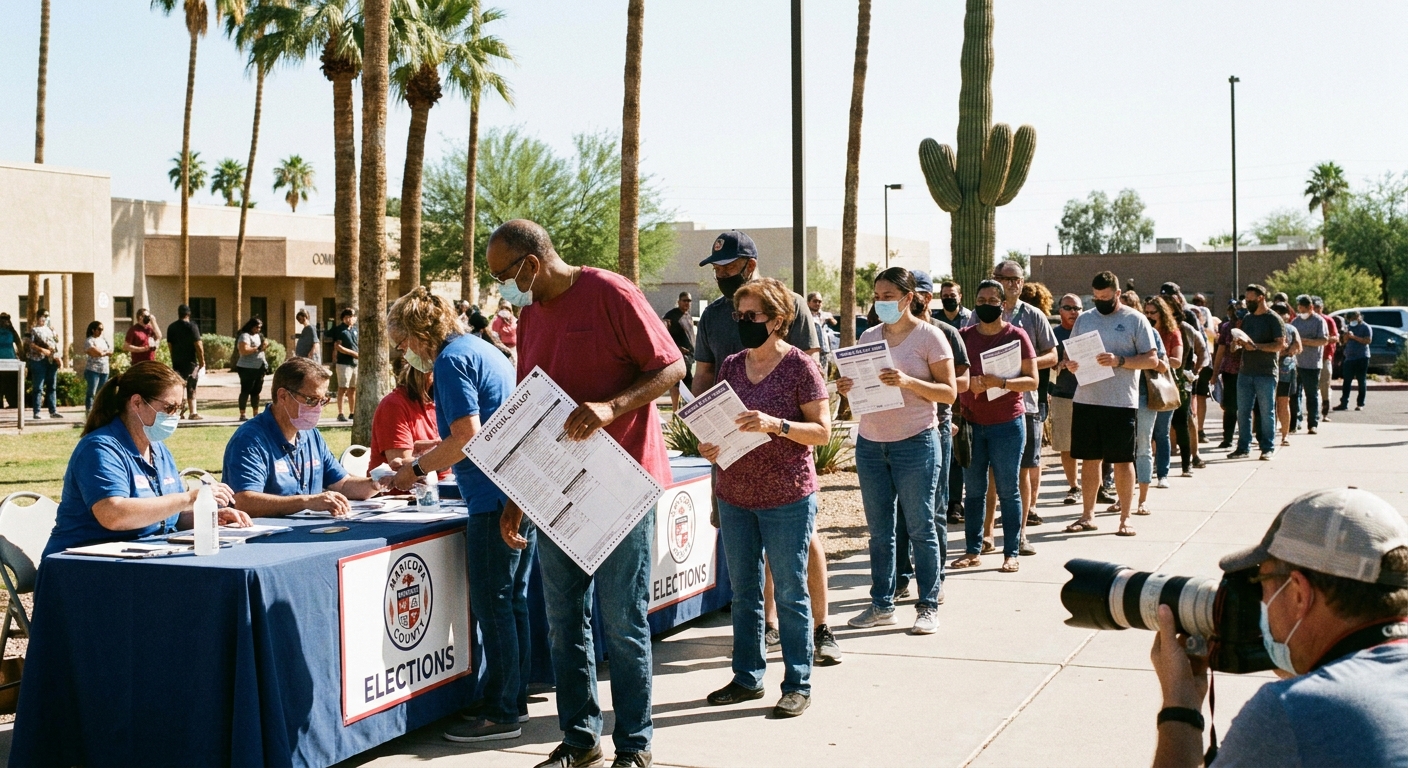 Voters standing in line at a polling place in Phoenix, Arizona, with poll workers checking in voters as people hold paper ballots and sample ballot guides, news photography style