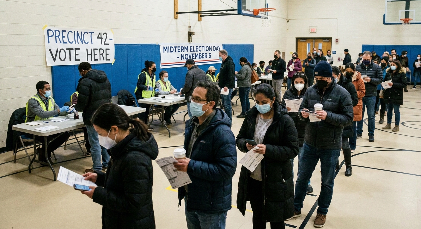 Voters standing in line inside a community polling place during U.S. midterm elections, candid news photography style
