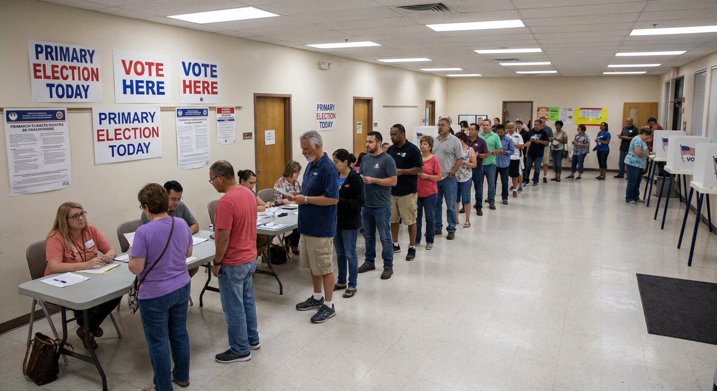 Voters standing in line inside a local polling place during a primary election in Phoenix, Arizona, news photography style