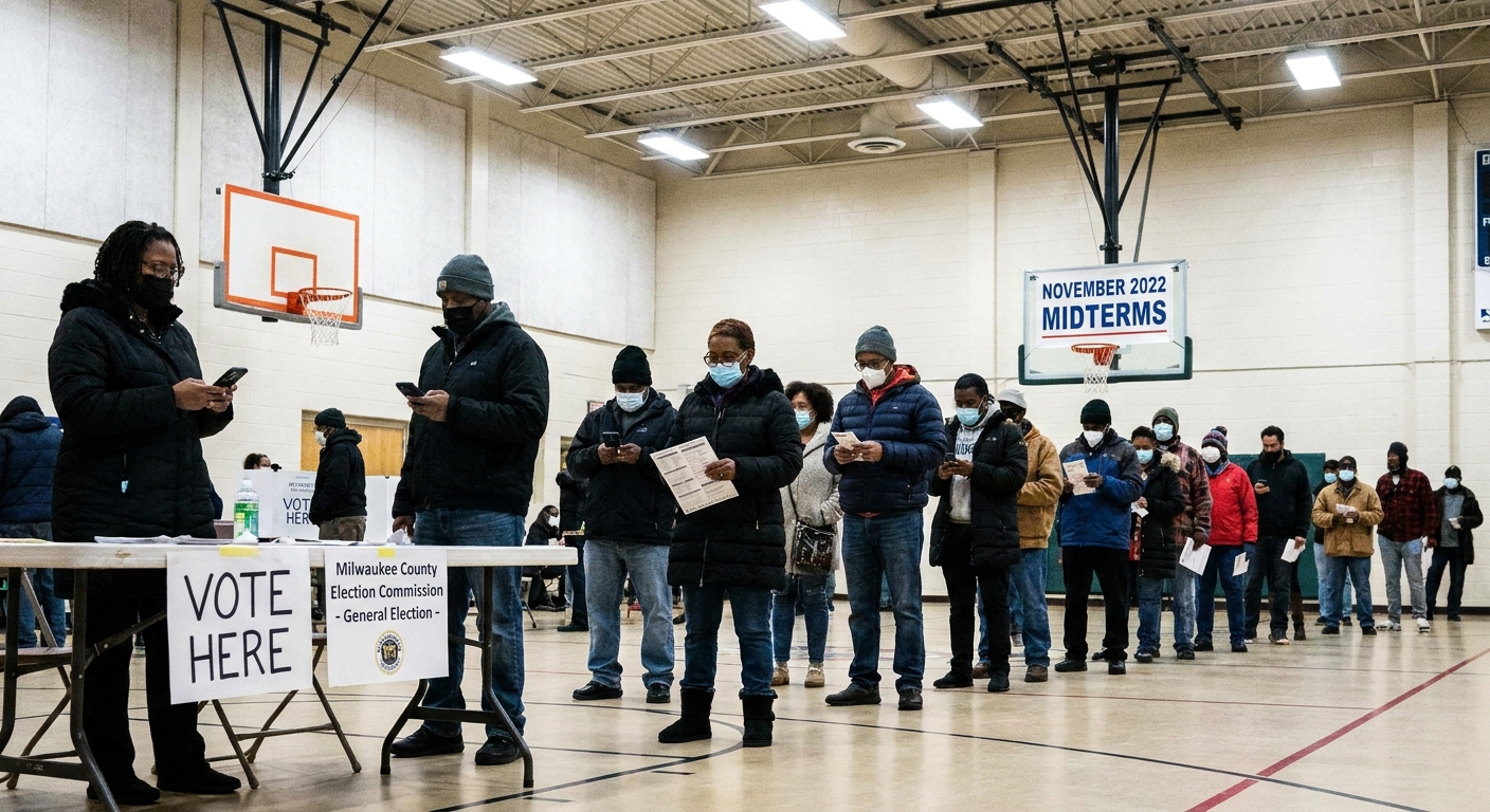 Voters standing in line inside a neighborhood polling place in Milwaukee, Wisconsin during the November 2022 midterm elections, documentary photography style