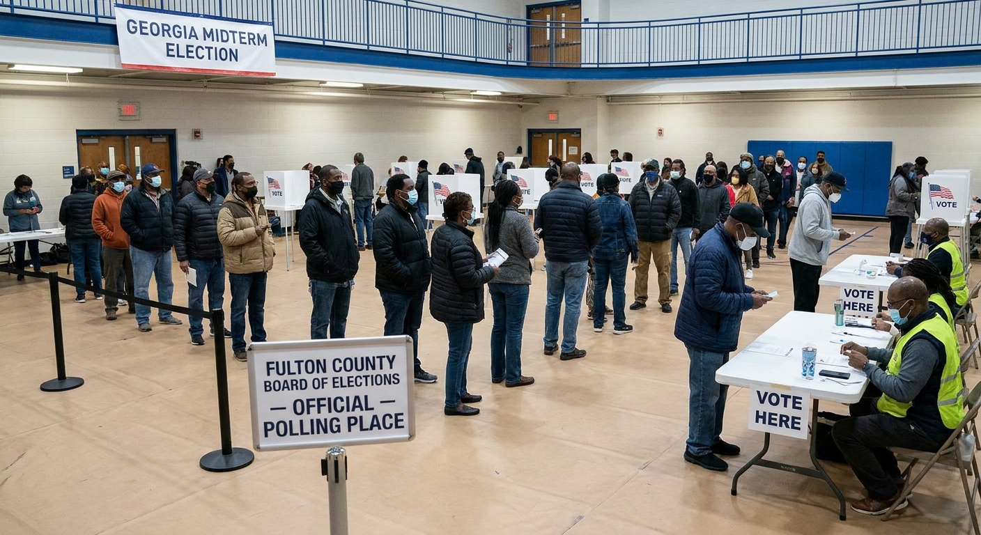 Voters standing in line inside a public polling place in Atlanta during the November 2022 midterm election, news photography style