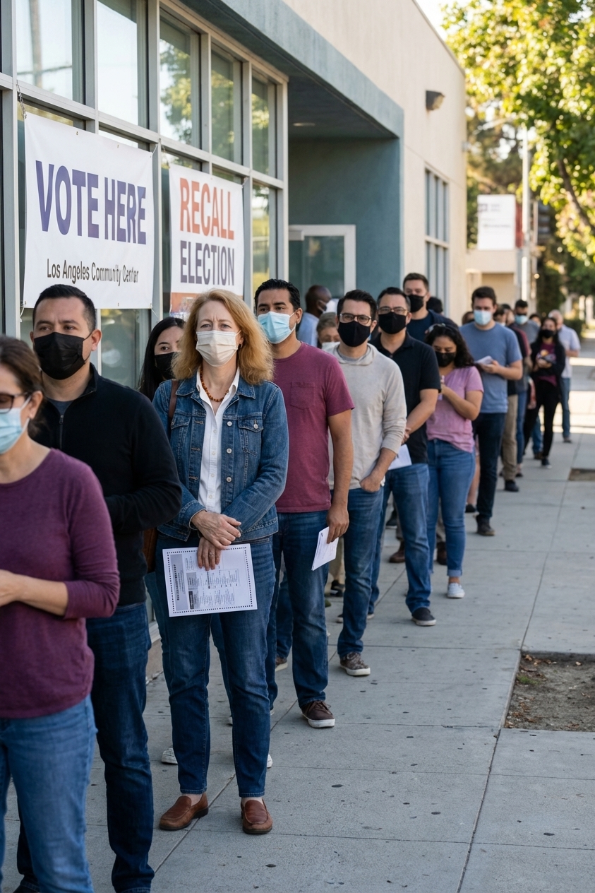 Voters standing in line outside a Los Angeles polling place during the September 2021 California gubernatorial recall election, documentary news photograph style