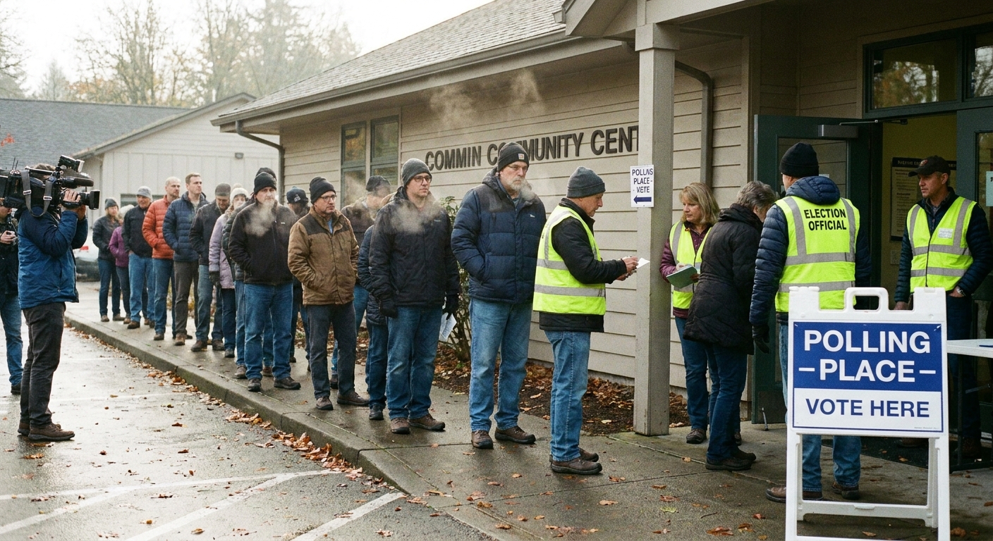 Voters standing in line outside a local polling place on a cool morning with election workers near the entrance, news photography style