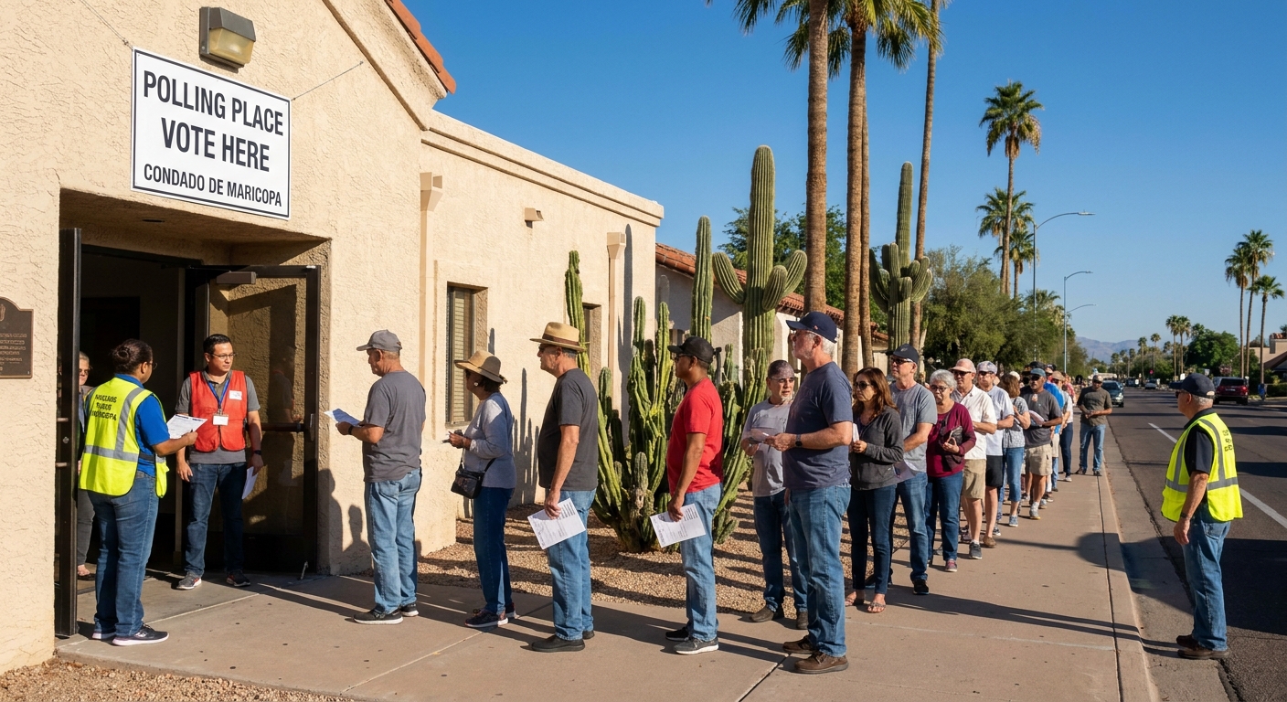 Voters standing in line outside a polling place in Phoenix, Arizona on election day, with poll workers visible near the entrance