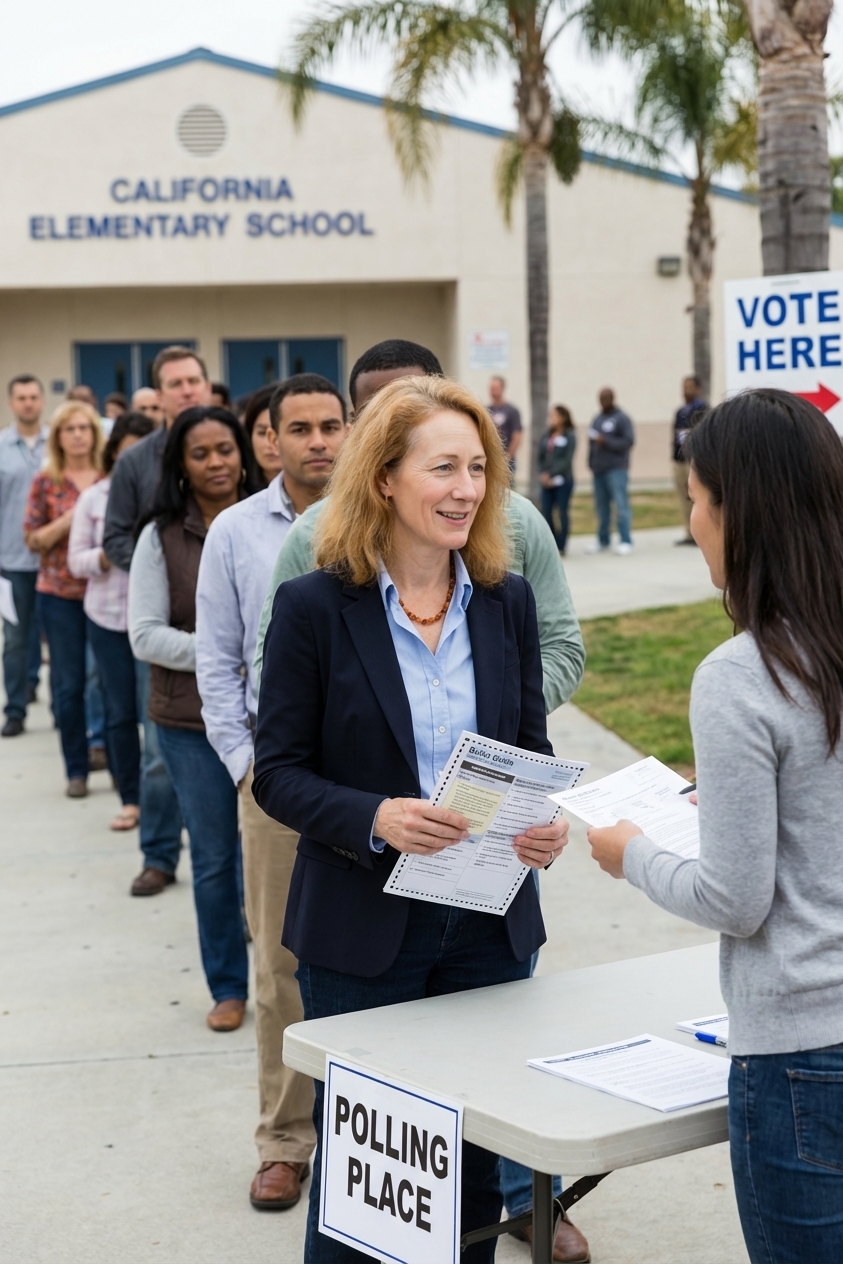 Voters waiting in line at a California polling location during a primary election, with election workers checking in voters, news photography style