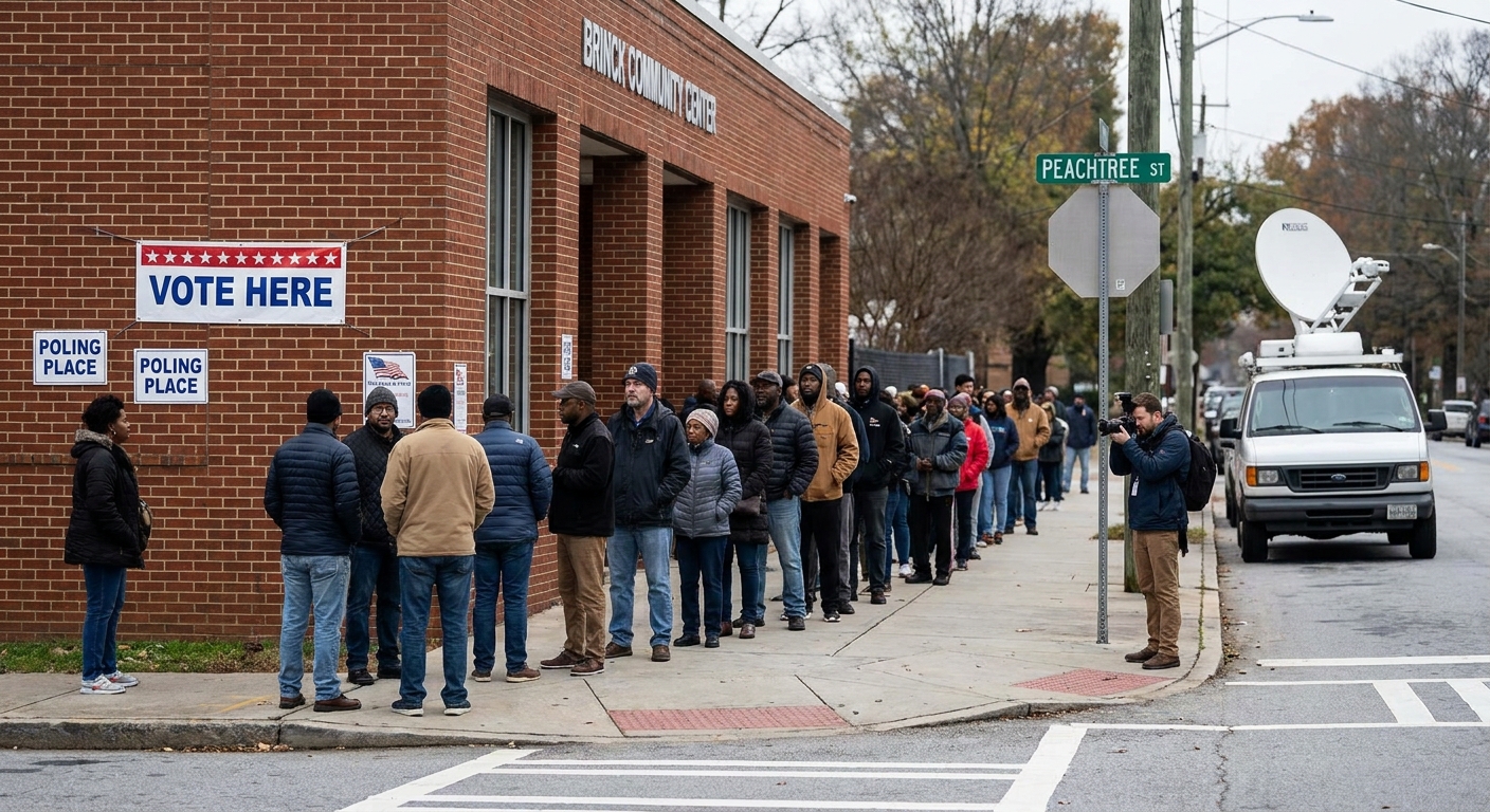 Voters waiting in line outside a neighborhood polling place during the November 2022 midterm election in Atlanta, news photography style