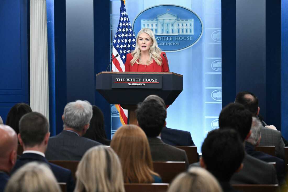White House Press Secretary Karoline Leavitt speaking from the press briefing room podium with the blue White House backdrop behind her