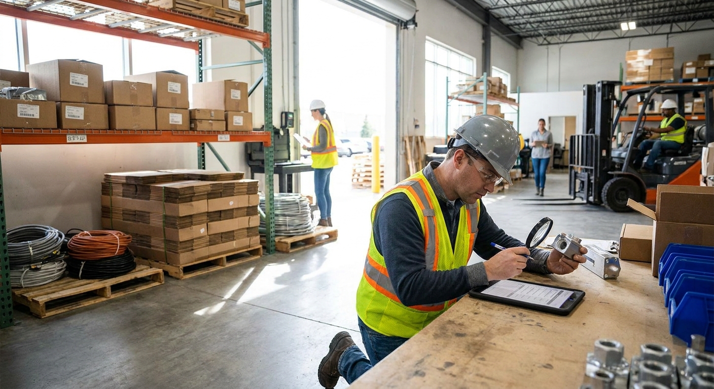 Worker inspecting parts in a contracting warehouse