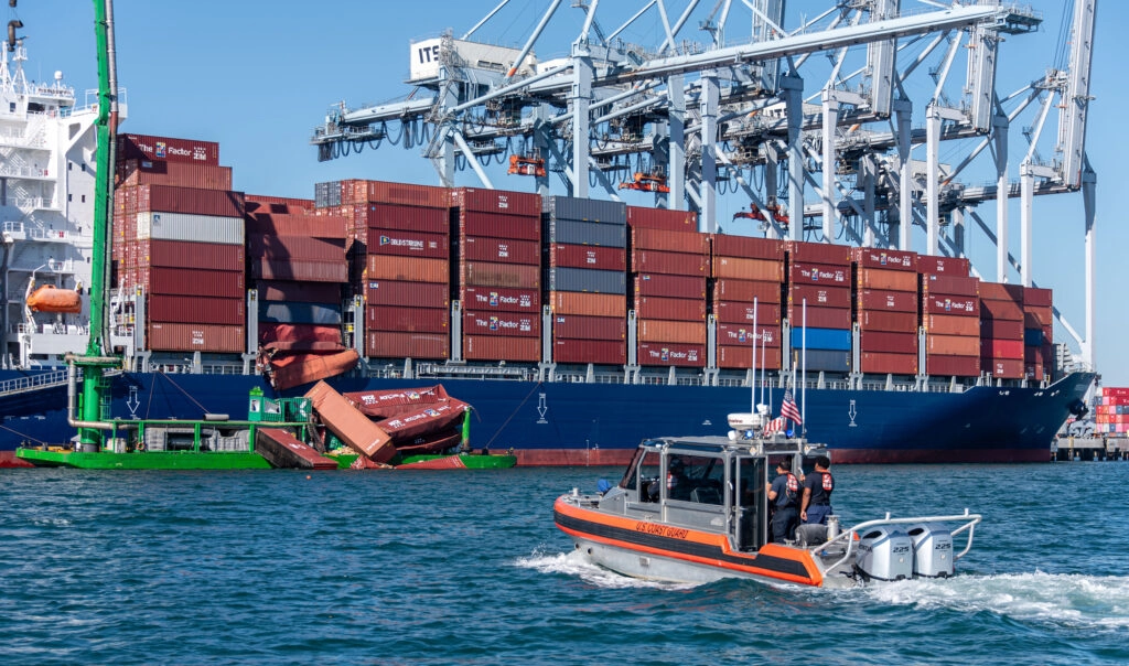 a cargo ship with containers at a US port