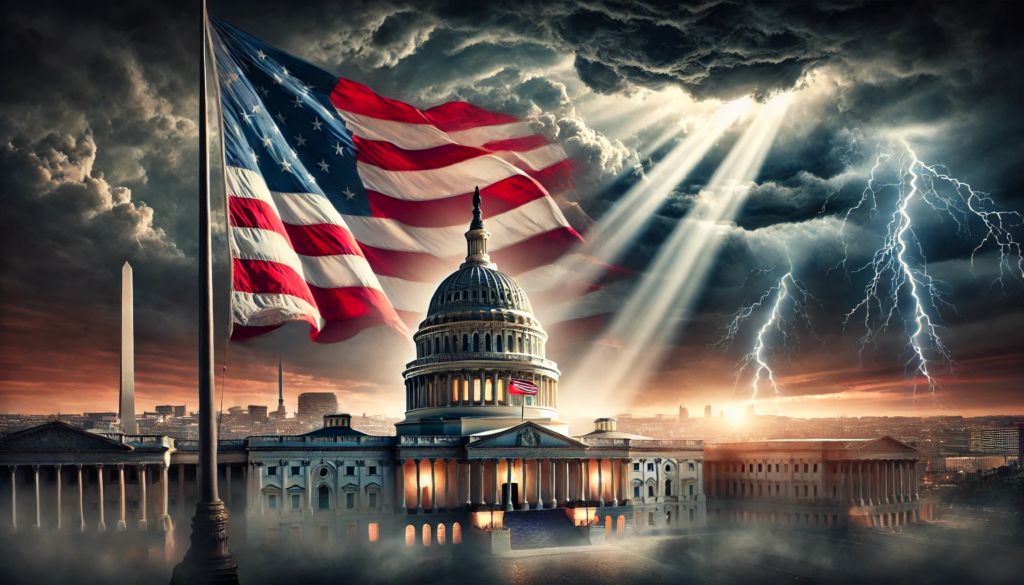 a dramatic patriotic scene with the U.S. Capitol under a stormy sky, symbolizing political turmoil. The American flag stands strong in the foreground, illuminated by a beam of light breaking through the clouds