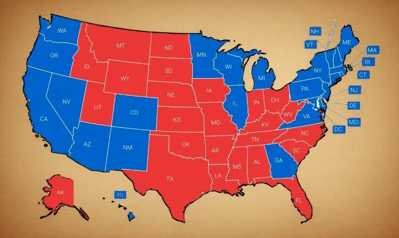 a map of the United States highlighting blue and red states 2025