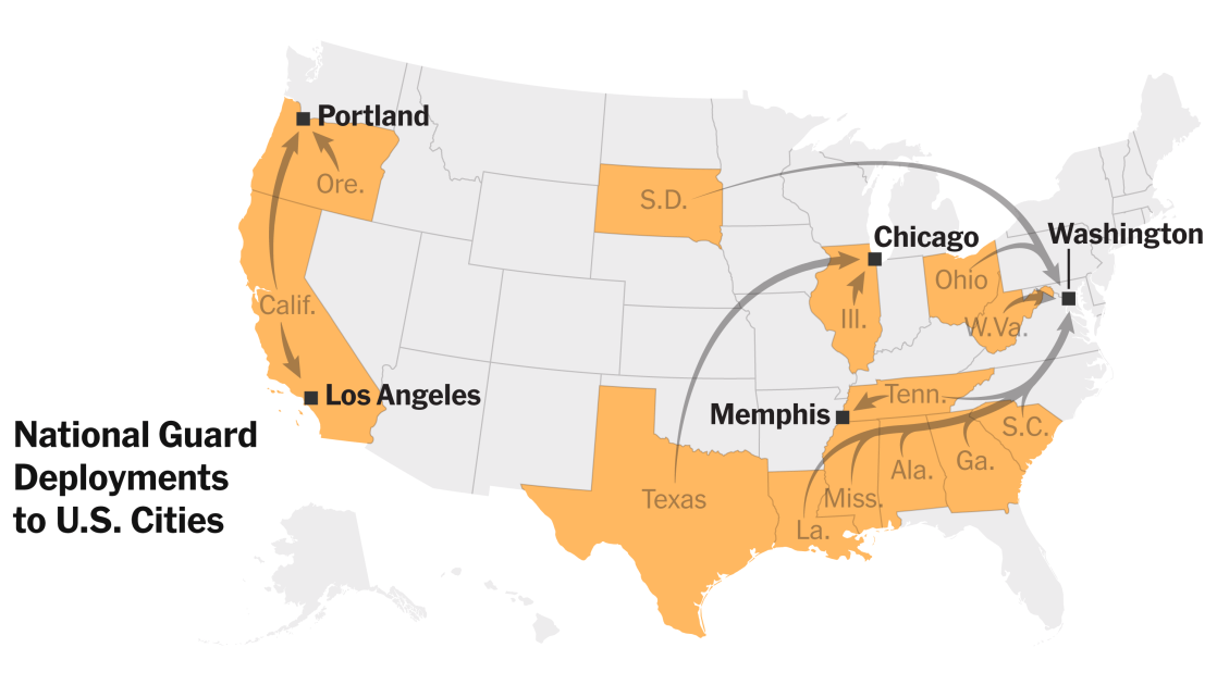 A map of the United States highlighting states where National Guard federalization has been challenged in court