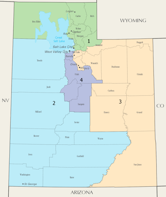 a map of Utah with its congressional districts
