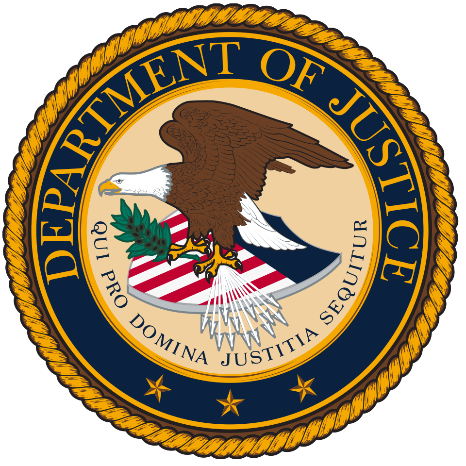 A split-screen showing the US Department of Justice seal and the Royal Coat of Arms