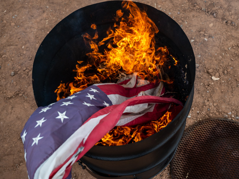 american flag on fire