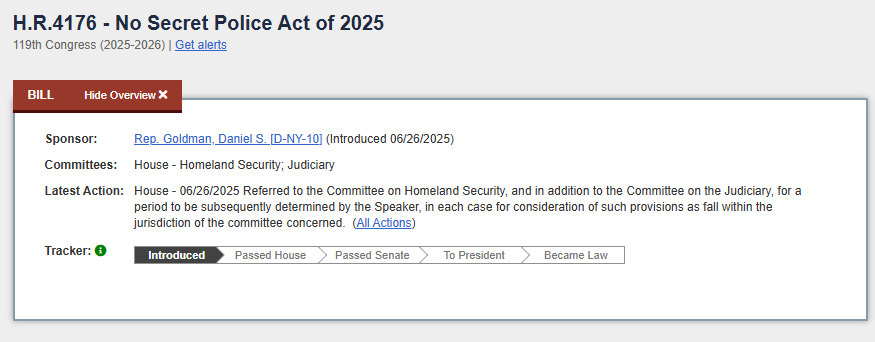 congress.gov screenshot of no secret police act