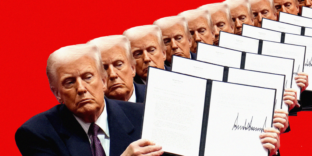 executive orders stacked high with concerned citizens in background