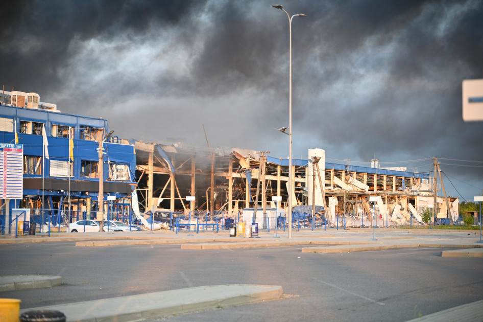 Fire and smoke rising from the damaged Flex factory in Mukachevo
