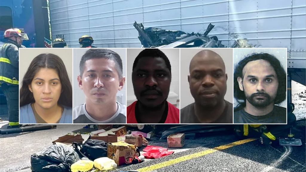 Five mugshots of alleged illegal immigrants accused of deadly car crashes from around the US. From left, the mughots of Noelia Sarah Martinez-Avila, Juan Alfredo Chavarria-Lezama, Lionel Francisco, Mukendi Mbiya and Harjinder Singh, inset over a photo showing the scene of a deadly accident in which Singh has been charged. (ICE, Dane County Sheriff's Office, Livingston Parish Sheriff's Office, St. Lucie County Sheriff's Office)