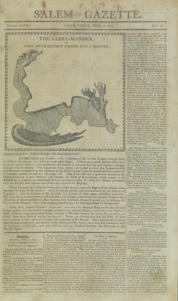 gerry mander cartoon reprinted in Salem Gazette from April 2, 1813