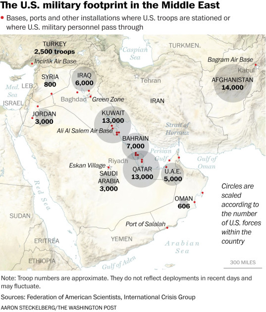 Middle East map showing U.S. military bases and carrier strike group position relative to Iran