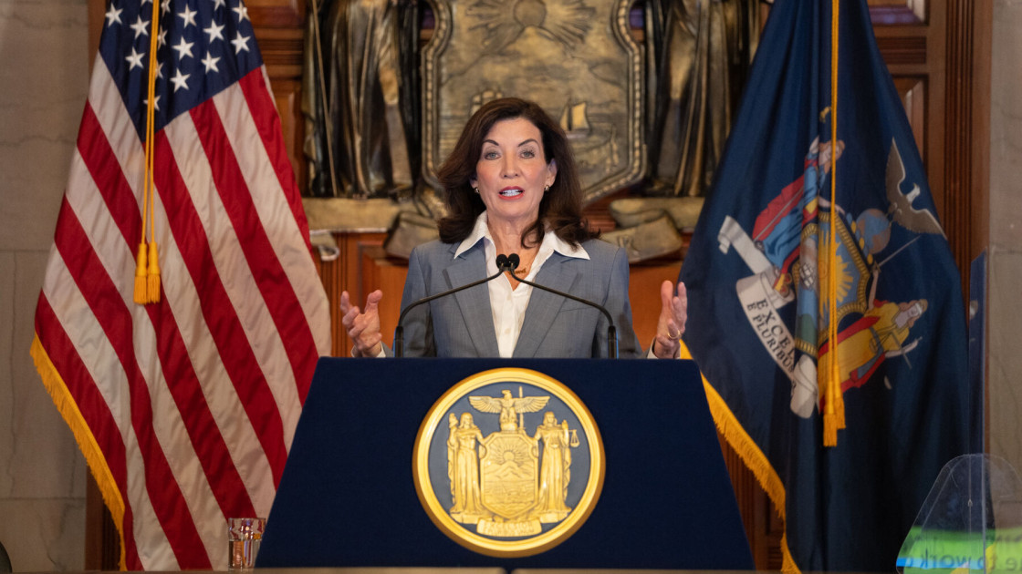 New York Governor Kathy Hochul speaking at podium