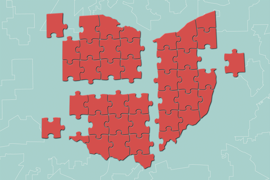 puzzle pieces showing federal and state government seals not fitting together