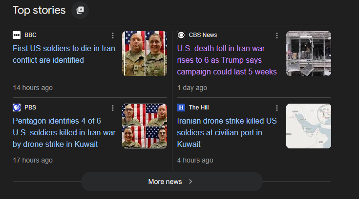 screenshot of headlines on american casualties in iran war