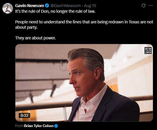 screenshot of newsom's x post on redrawing texas maps