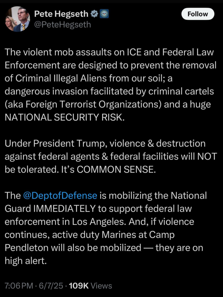 screenshot of pete hegseths social media post threatening to mobilize marines 