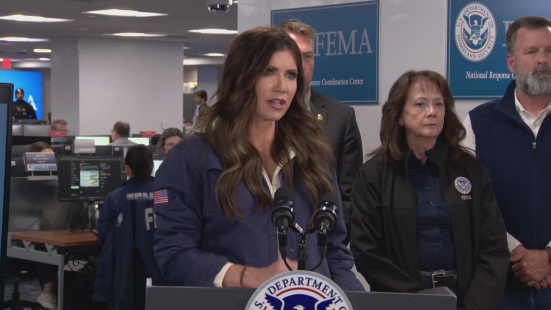 Secretary of Homeland Security Kristi Noem speaking at a briefing