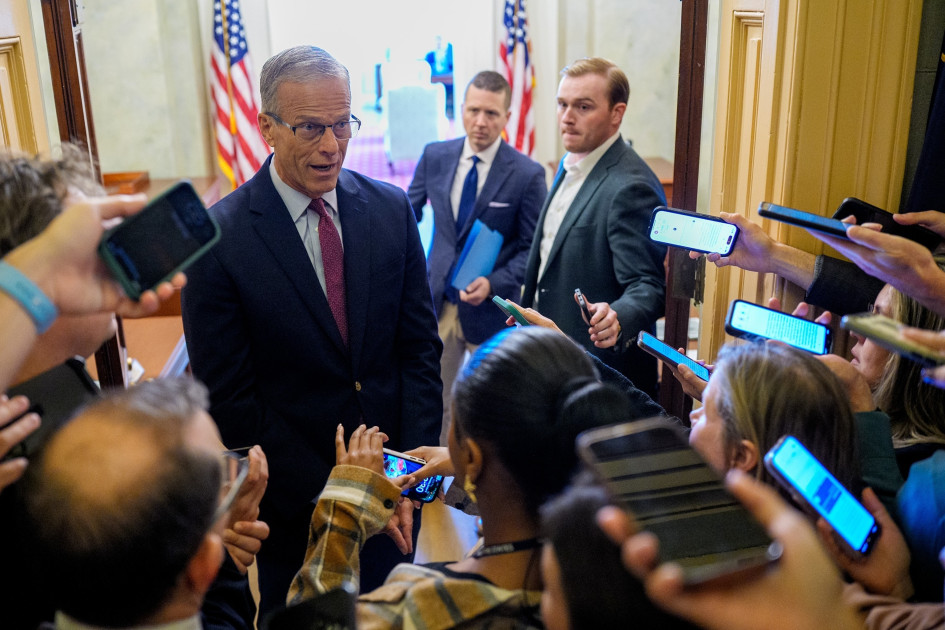 Senate Majority Leader John Thune speaking to reporters Capitol