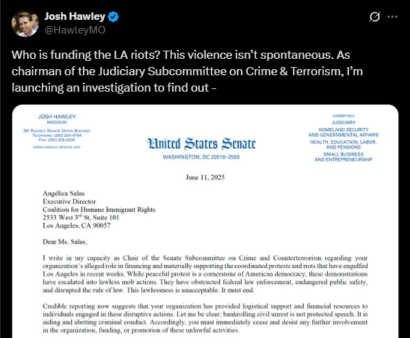 Senator Josh Hawley's x post on the question of funding for the la riots