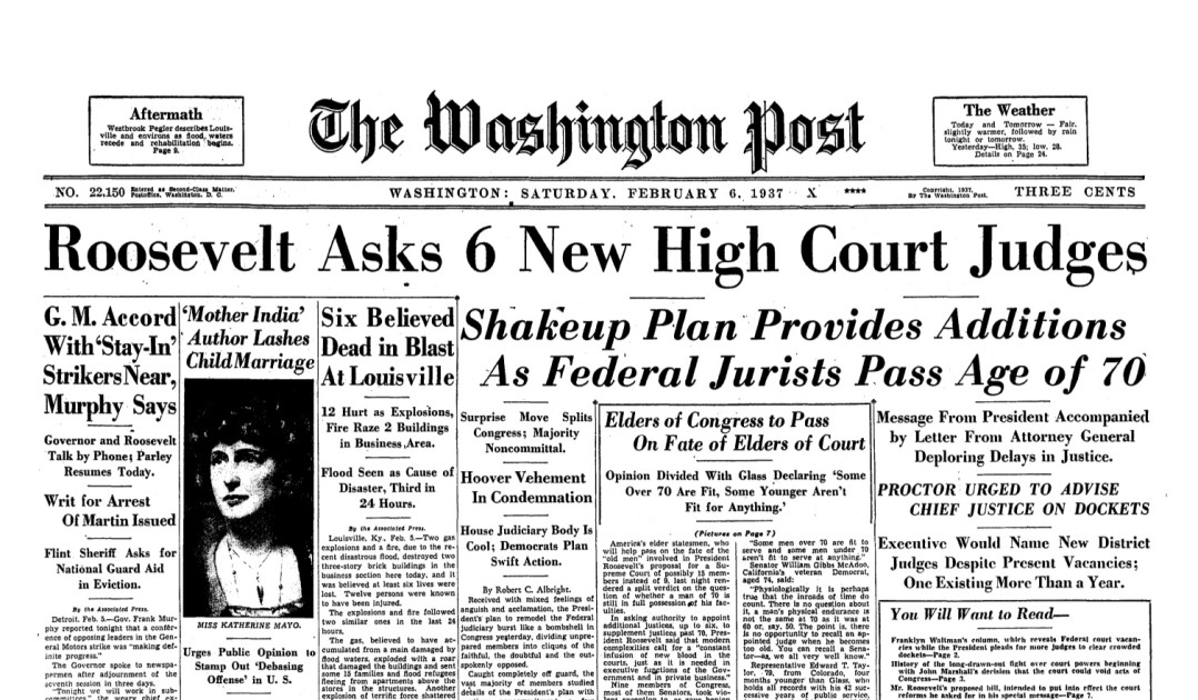 Supreme Court building with FDR-era newspaper headlines