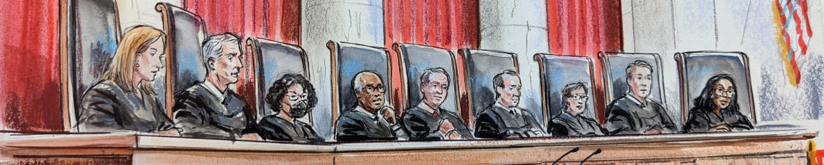 Supreme Court justices on bench during oral arguments