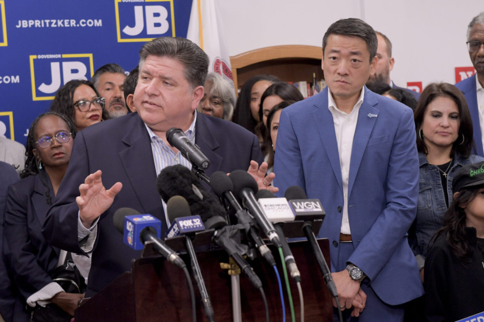 Texas House Democrats holding a press conference in Chicago with Governor JB Pritzker