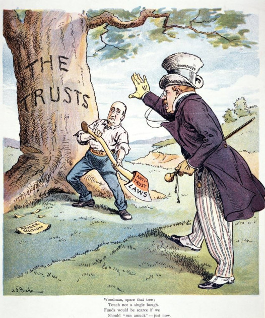Theodore Roosevelt trust-busting political cartoon with modern CFPB logo